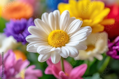 Vibrant Close-Up of a White Daisy Surrounded by Colorful Blossoms in a Bright Floral Arrangement Showcasing Nature's Beauty and Diversity