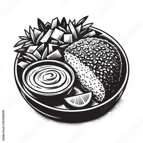 Monochrome Falafel Dish Featuring Tahini Sauce and Fresh Salad Graphics