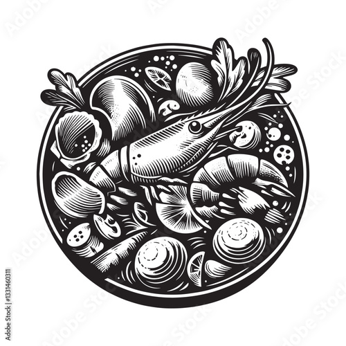 Monochrome gourmet bouillabaisse dish with seafood in woodcut style art