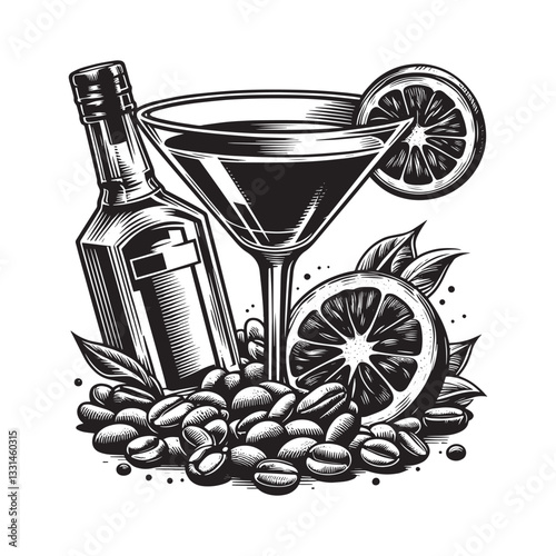 Monochrome Espresso Martini art illustration, vodka, espresso, citrus garnish, coffee beans