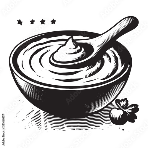 Monochrome Hummus Bowl with Spoon and Olives in Detailed Woodcut Illustration