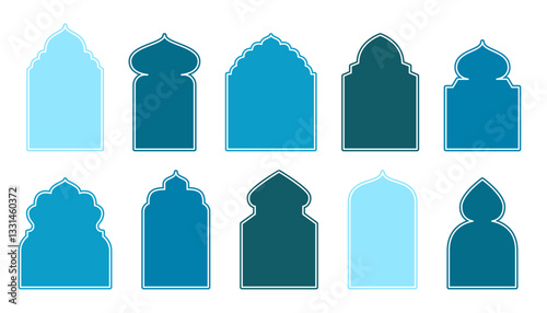 Arabic door or window collection. Blue islamic frame design set