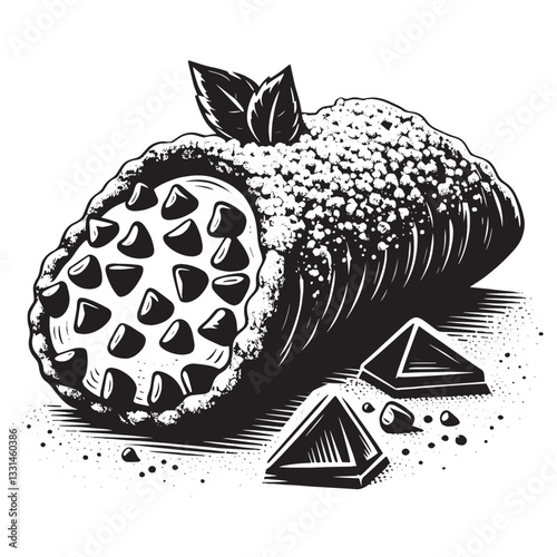 Monochrome graphic illustration of a cannoli dessert with rich chocolate chips