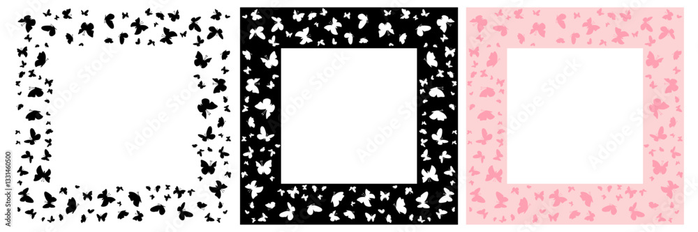 Beautiful butterfly frame set. Black, white and pink flying butterflies on square background Beautiful butterfly frame set. Black, white and pink flying butterflies on square background