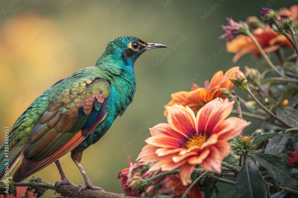 Obraz premium Emerald Starling Bird Perched Near Flowers