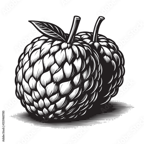 Monochrome illustration of two atemoya fruits in stylized woodcut technique