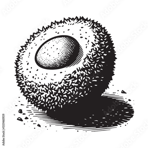 Monochrome scotch egg illustration in a rustic woodcut style, minimalist and clean