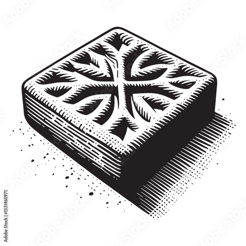 Monochrome shortbread block with ornate topping in clean woodcut style