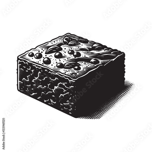 Monochrome Sketch of a Chocolate Brownie with Toppings on a Plain Background