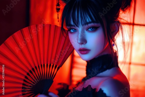 Beautiful woman in traditional attire holding fan, with striking features and glowing skin, illuminated by soft red light in artistic background