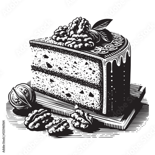 Monochrome Slice of Walnut Cake in Stylized Woodcut Aesthetic Illustration