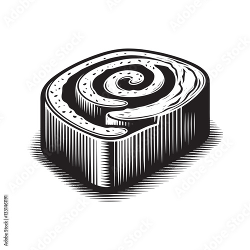 Monochrome stylized swiss roll illustration featuring a contrasting cream filling