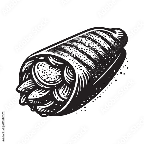 Monochrome woodcut illustration of a fajita with grilled chicken filling