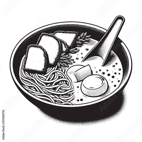 Monochrome woodcut illustration of laksa noodle soup with toppings close-up
