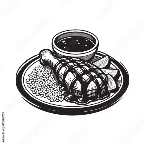 Monochrome woodcut illustration of savory chicken adobo dish with garnish
