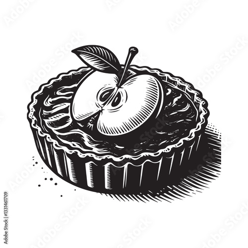 Monochrome woodcut illustration of tarte Tatin with caramelized apple filling