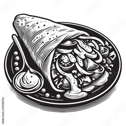 Monochrome woodcut illustration of gyro wrap with tzatziki sauce and greens