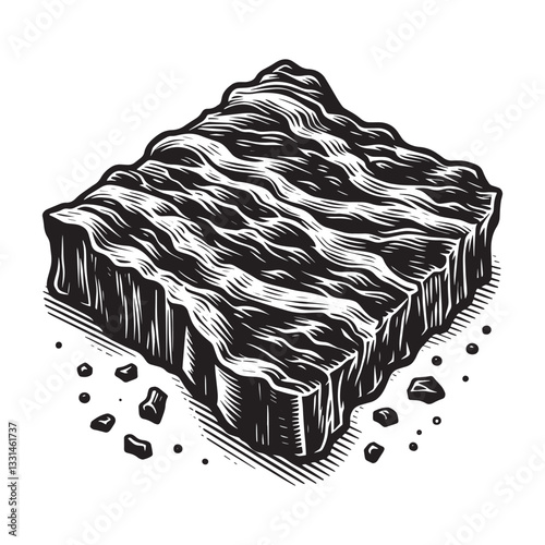 Monochrome woodcut print style illustration of savory dried beef jerky piece