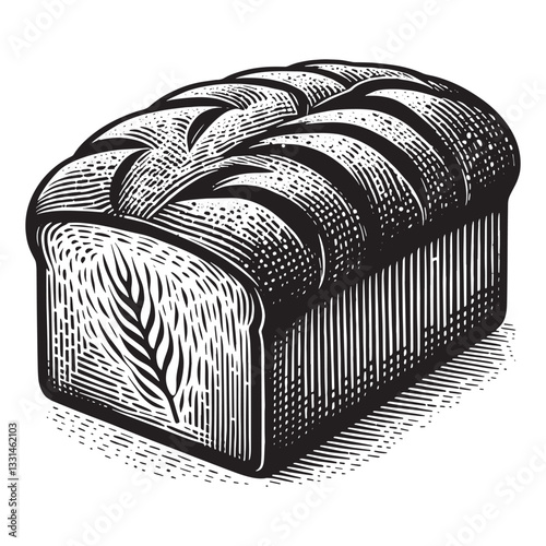 Monochrome woodcut style illustration of a loaf of rye bread with grainy texture