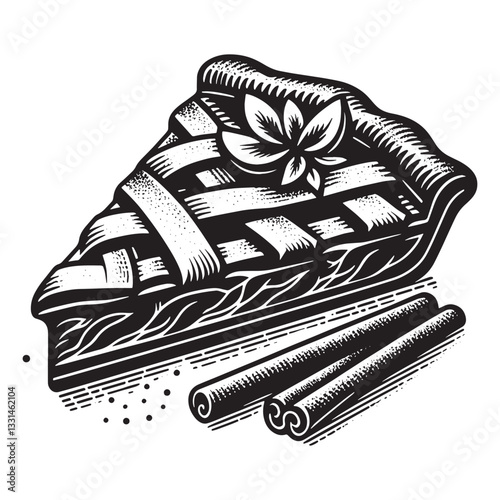 Monochrome woodcut style illustration of a slice apple tart and cinnamon sticks