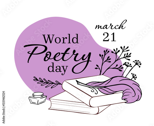"World Poetry Day" illustration with a quill, books, and ink bottle. Soft purple background and botanical elements. Ideal for posters, cards, and digital designs