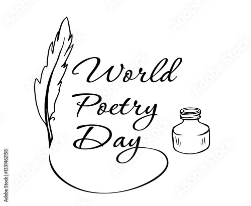 "World Poetry Day" illustration featuring a quill in an ink bottle with graceful calligraphy. Ideal for greeting cards, posters, and cultural event designs.