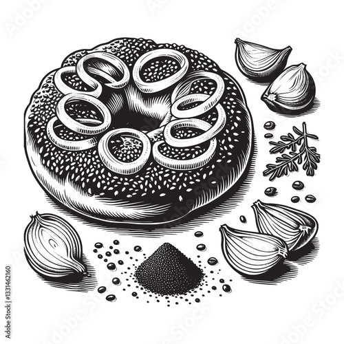 Monochrome woodcut style image of a bialy with onions and poppy seeds delicacy