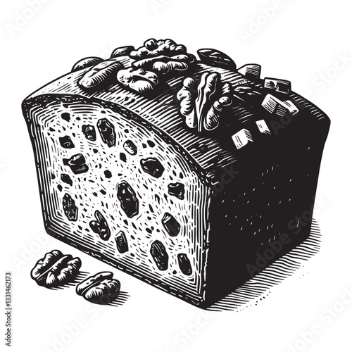 Monochrome Zucchini Bread with Walnuts and Raisins in Woodcut Style Illustration