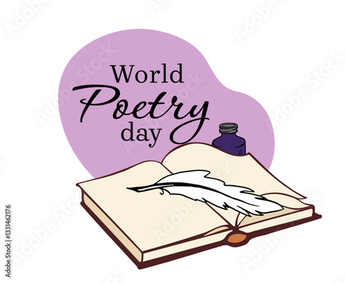 "World Poetry Day" greeting card featuring an open book, quill pen, and ink bottle on a purple abstract background. Ideal for poetry events, invitations, and social media.