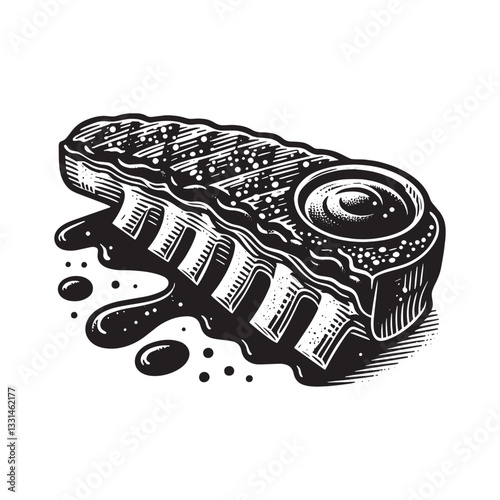Monochrome woodcut-style illustration of barbecue ribs smothered in a rich, smoky sauce