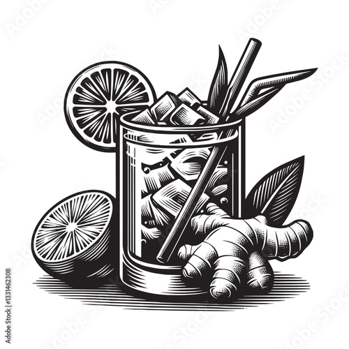 Refreshing ginger and citrus drink illustration with ice cubes in linocut style