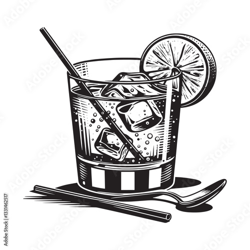 Retro Woodcut Style Drink Illustration with Lime and Ice Cubes in a Glass