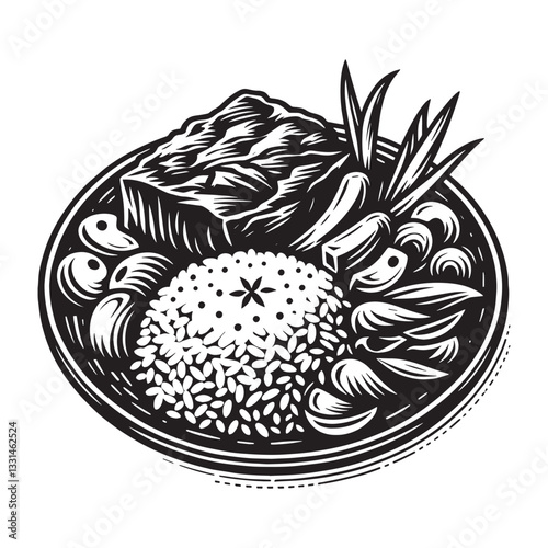 Rendang artistic food presentation in minimalist woodcut style with rice and veggies