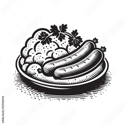 Sausages with Mash and Parsley in Black and White Woodcut Style Graphic