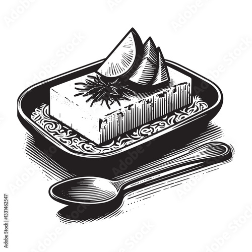 Saffron Mango Kulfi with Orange Slices in Minimalist Woodcut Style Drawing
