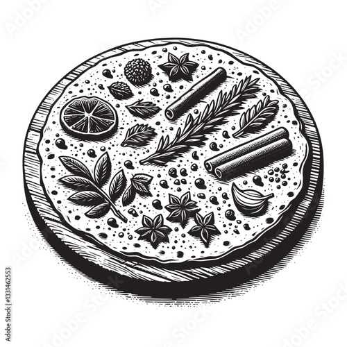 Rustic woodcut style illustration featuring lavash decorated with herbs and spices
