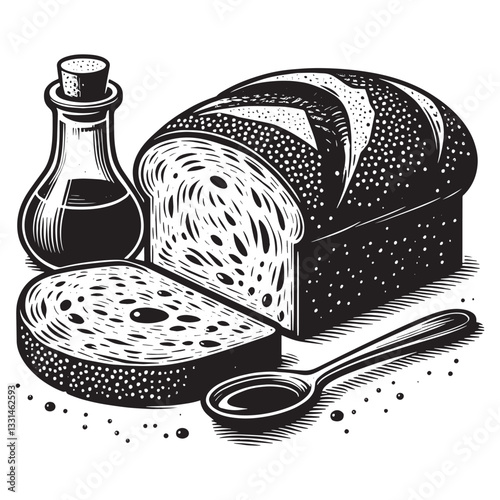 sourdough bread with balsamic vinegar in minimalist clean woodcut drawing, 4448