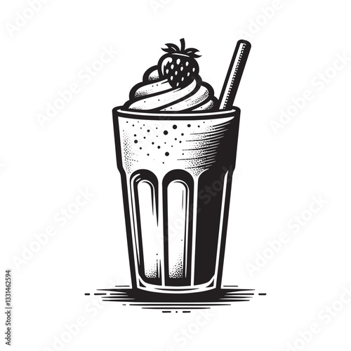 Strawberry Milkshake Delight in Black and White Minimalist Woodcut Style