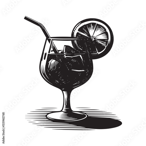 Stylish aperol spritz vector illustration with orange slice in woodcut style