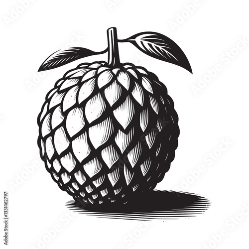Stylish depiction of atemoya fruit in a clean minimalist black and white woodcut style