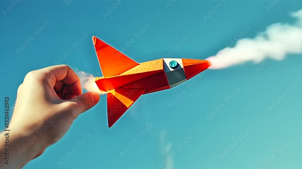 Hand launching a vibrant orange paper rocket against a clear blue sky, symbolizing creativity and imagination