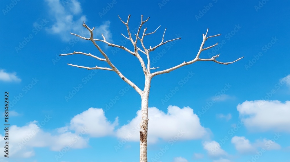 A stark, leafless tree against a vibrant blue sky dotted with fluffy white clouds. The tree's branches reach upward, creating a visually striking contrast against the bright sky. A stark, leafless tree against a vibrant blue sky dotted with fluffy white clouds. The tree's branches reach upward, creating a visually striking contrast against the bright sky.