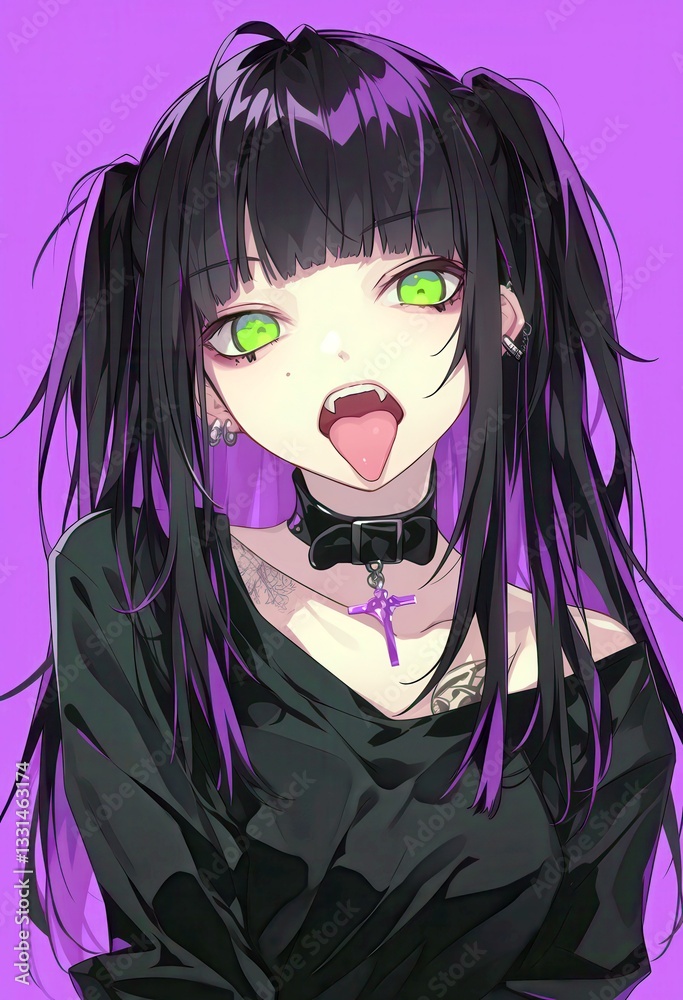 Φωτογραφία Young woman with black and purple hair, green eyes, wearing a black top, choker,