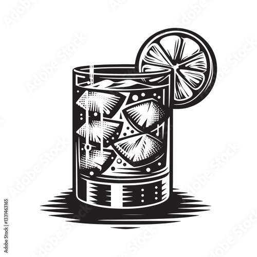 Stylized Lime Cocktail with Ice Cubes, Vector Illustration in Black and White