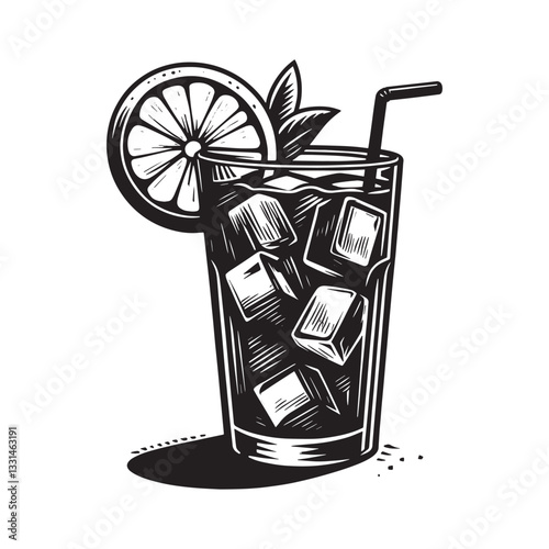 Stylized Long Island Iced Tea Illustration with Lemon Wedge and Straw