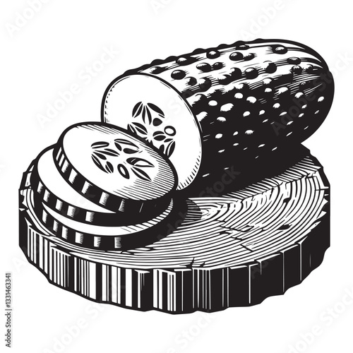 Stylized monochrome image of sliced cucumber on a wooden surface, a vegetable theme