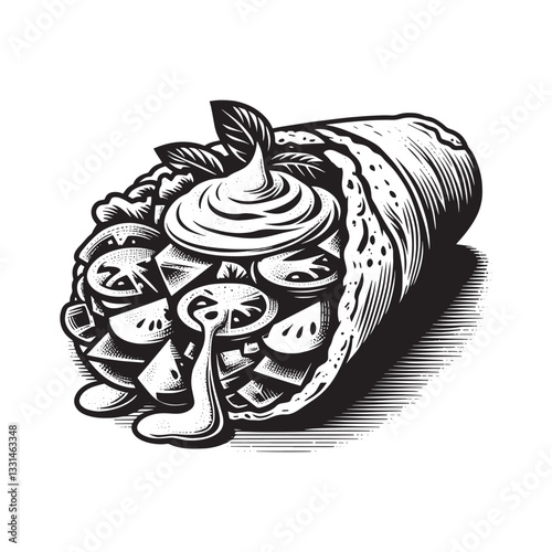 Stylized monochrome woodcut illustration of a gyro with tzatziki and vegetables