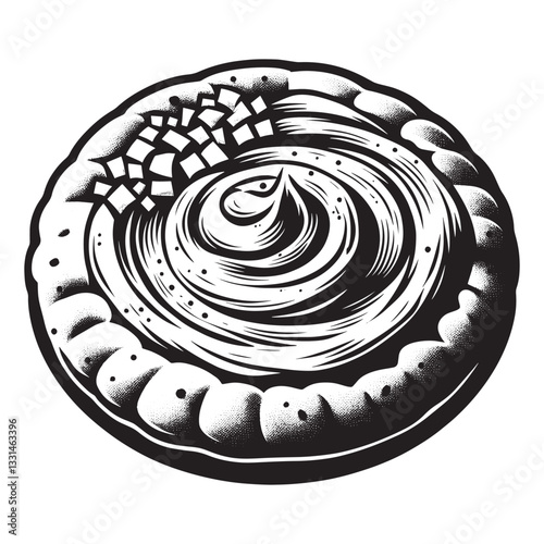 Stylized monochrome drawing of pita bread topped with a swirl of hummus