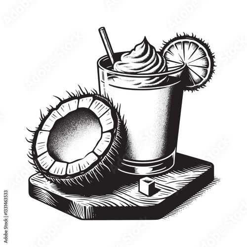 Stylized Piña Colada Illustration with Coconut and Woodcut Aesthetic