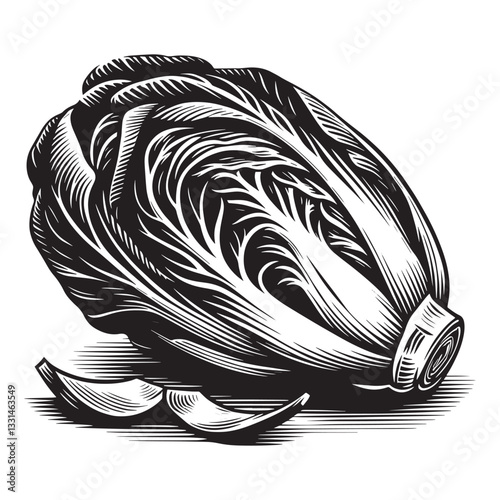Stylized Radicchio Head in Clean Woodcut Style against a White Backdrop